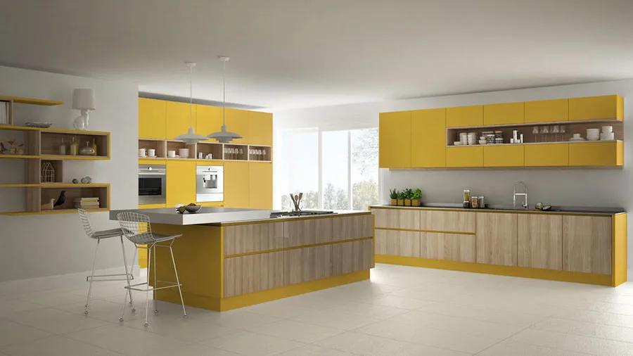 Modello di cucina gialla e legno