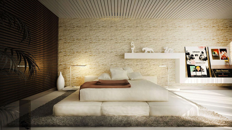 Idea per rivestire le pareti di una camera da letto moderna in pietra n.01