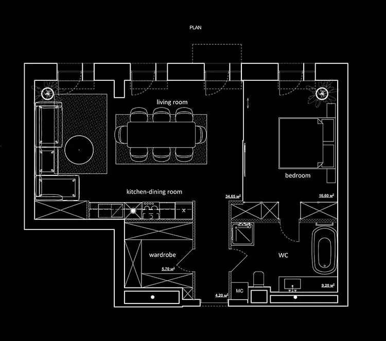 Planimetria casa di 70 mq con 1 camera n.01