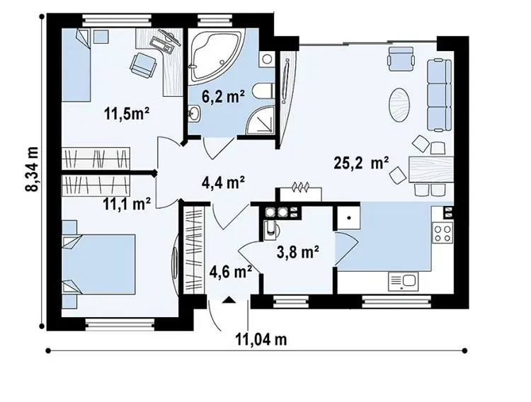 Planimetria casa di 70 mq con 2 camere n.01