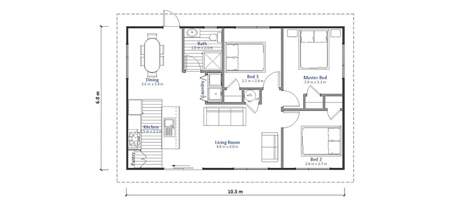 Planimetria casa di 70 mq per 4 persone con 3 camere n.02