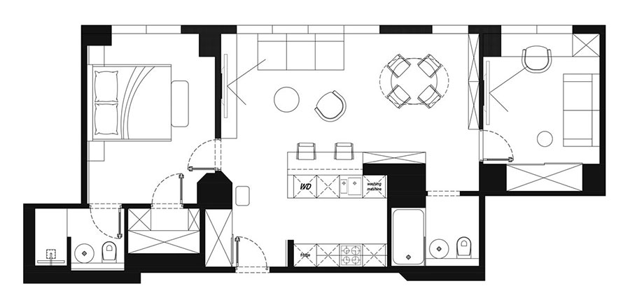 Progetto con planimetria di una casa di 80 mq rettangolare n.01