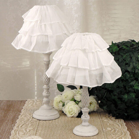 Lampada Da Tavolo Shabby Chic In Legno, Base Rotonda E Paralume Beige, Altezza 43 Cm