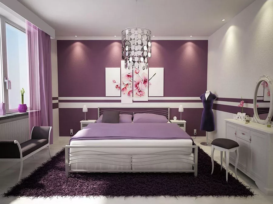 Colori viola e bianco per la camera da letto