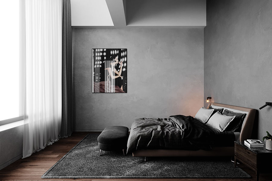 Idee per pareti grigie per camera da letto con mobili scuri n.01