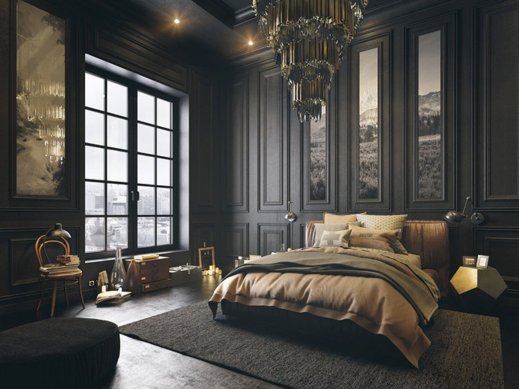 Idee per pareti nere per camera da letto con mobili scuri n.02