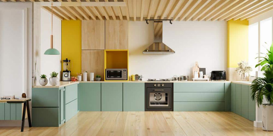 Idee cucina bicolore verde e legno n.02
