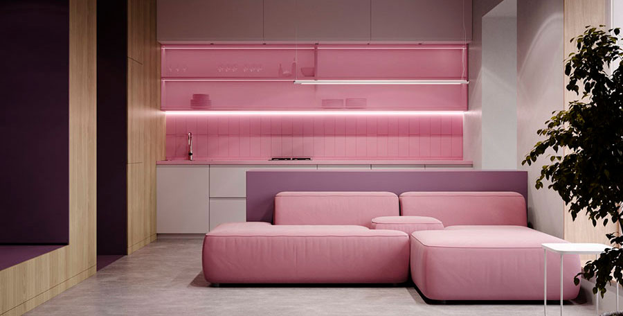 Arredamento con divano rosa
