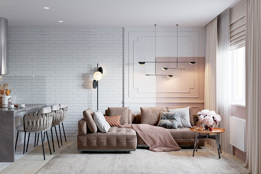Idee di arredamento soggiorno con divano rosa n.05