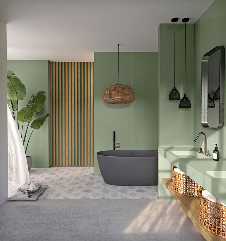 Idee pareti e arredi verde malva per il bagno n.01