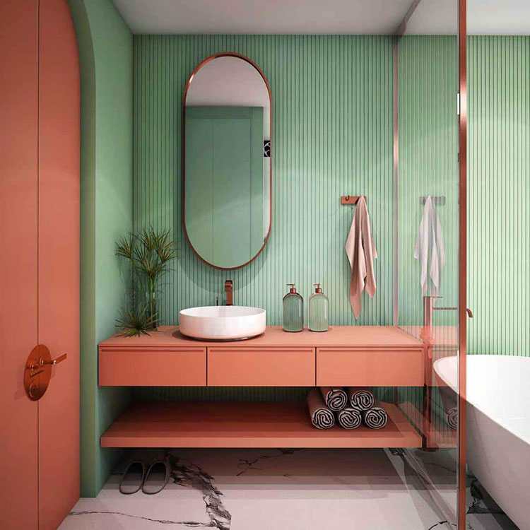 Idee pareti e arredi verde malva per il bagno n.03