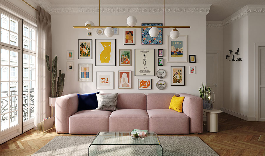 Idee e soluzioni per appendere i quadri dietro al divano n.30