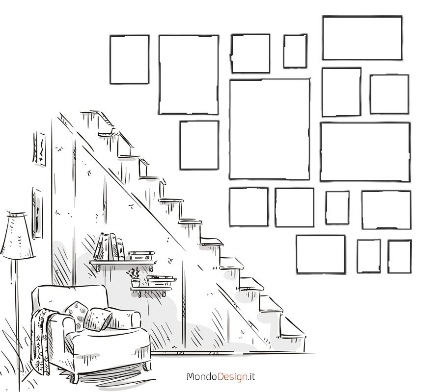 Idee e schemi per appendere i quadri sulle scale n.01