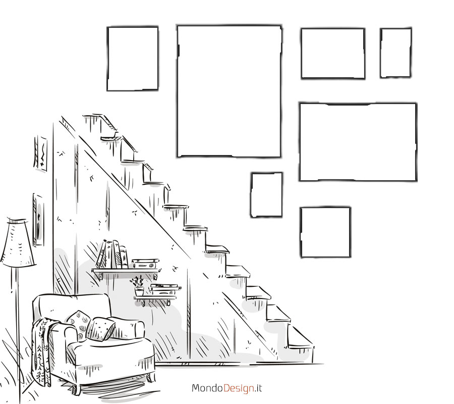 Idee e schemi per appendere i quadri sulle scale n.02