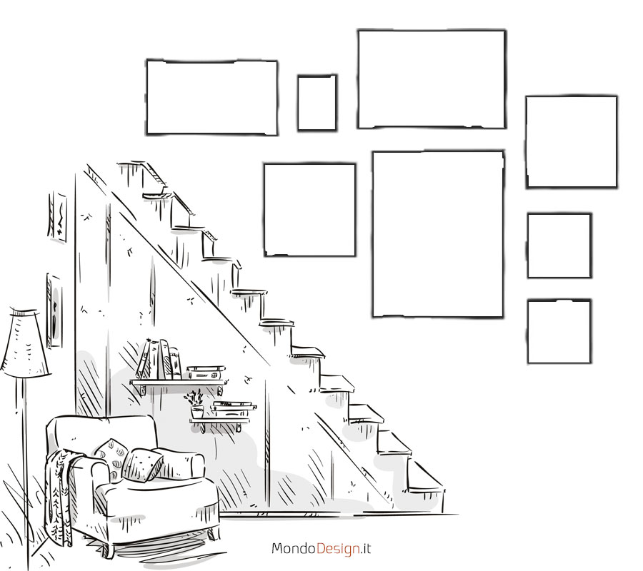Idee e schemi per appendere i quadri sulle scale n.04
