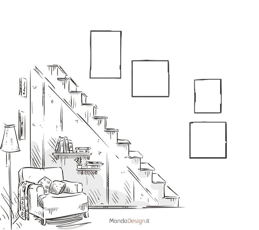 Idee e schemi per appendere i quadri sulle scale n.05