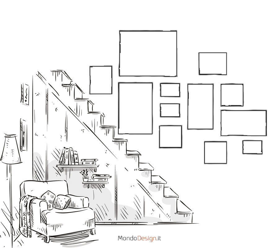 Idee e schemi per appendere i quadri sulle scale n.06