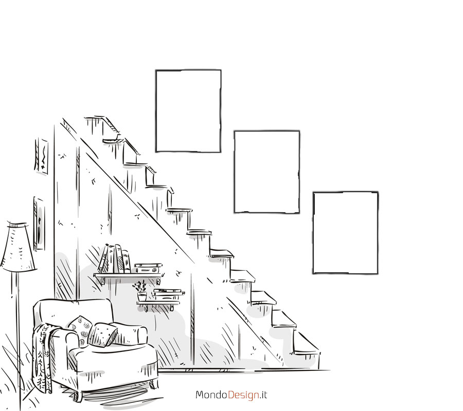 Idee e schemi per appendere i quadri sulle scale n.07