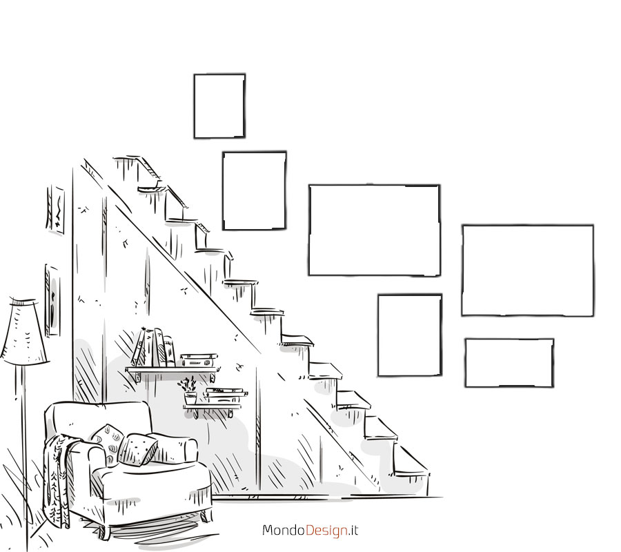 Idee e schemi per appendere i quadri sulle scale n.08