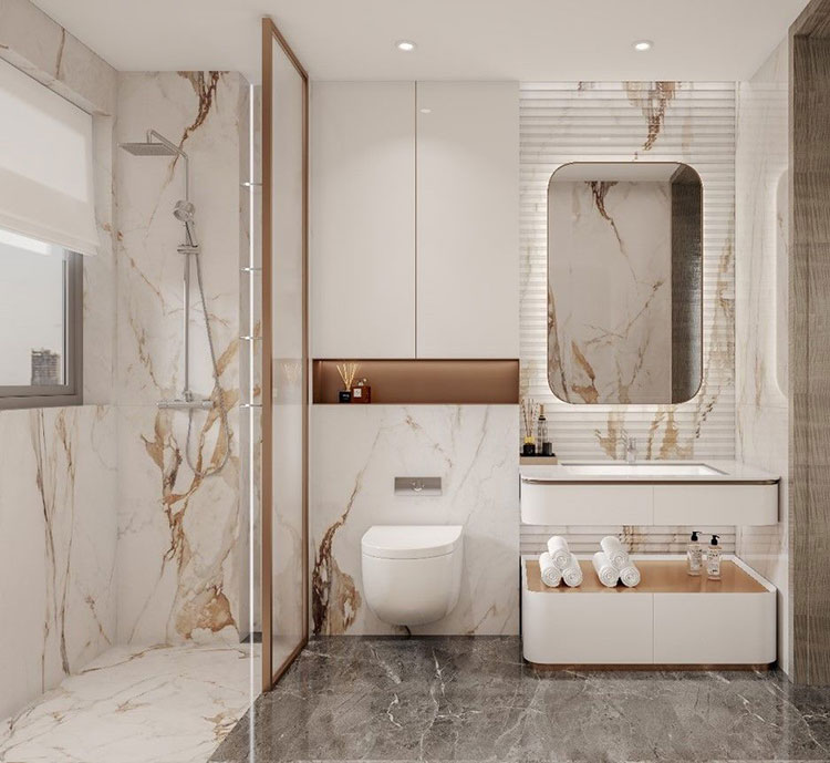 Bagno piccolo effetto marmo 01 Idee per bagno piccolo effetto marmo n.01