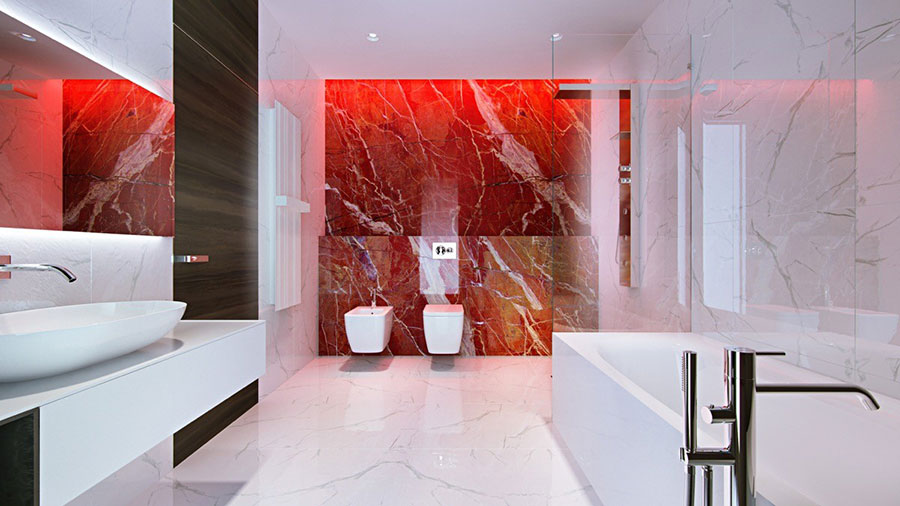 Idee per arredare un bagno rosso e bianco 14