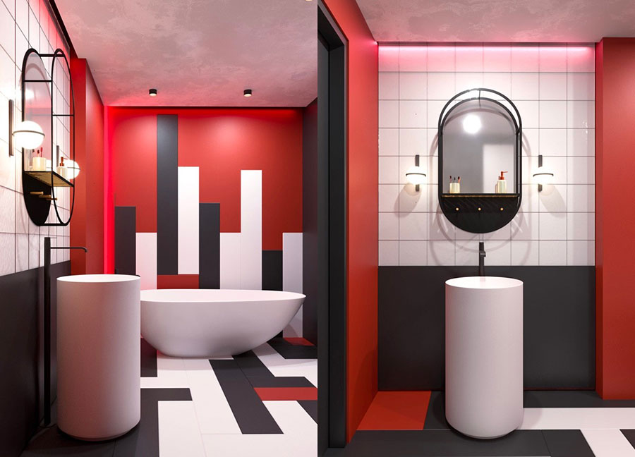 Idee per arredare un bagno rosso e grigio 07
