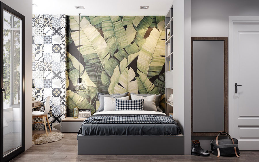 Idee testiera letto elegante con carta da parati n.2