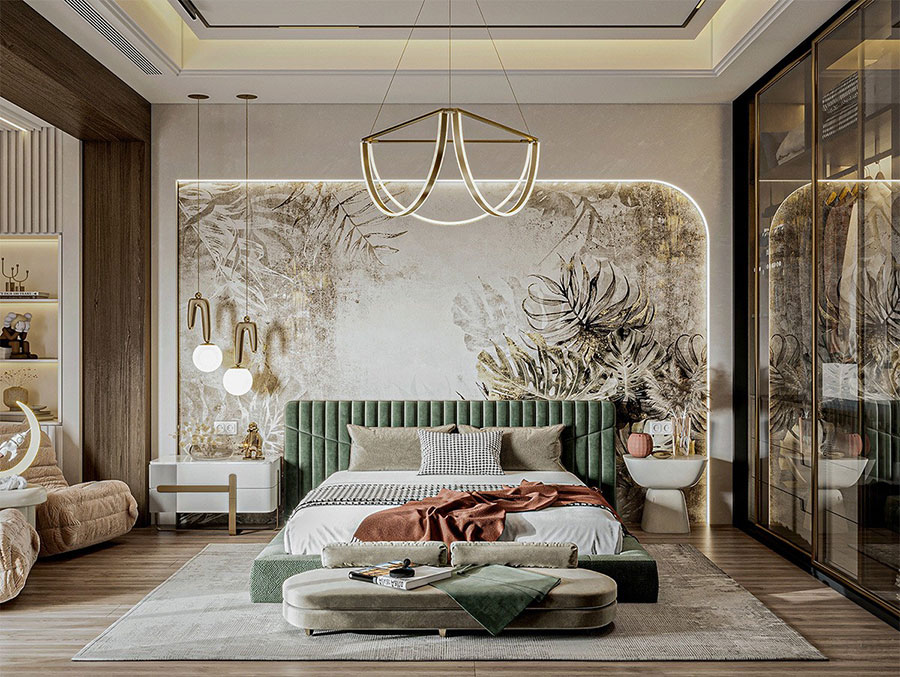 Idee testiera letto elegante con carta da parati n.8